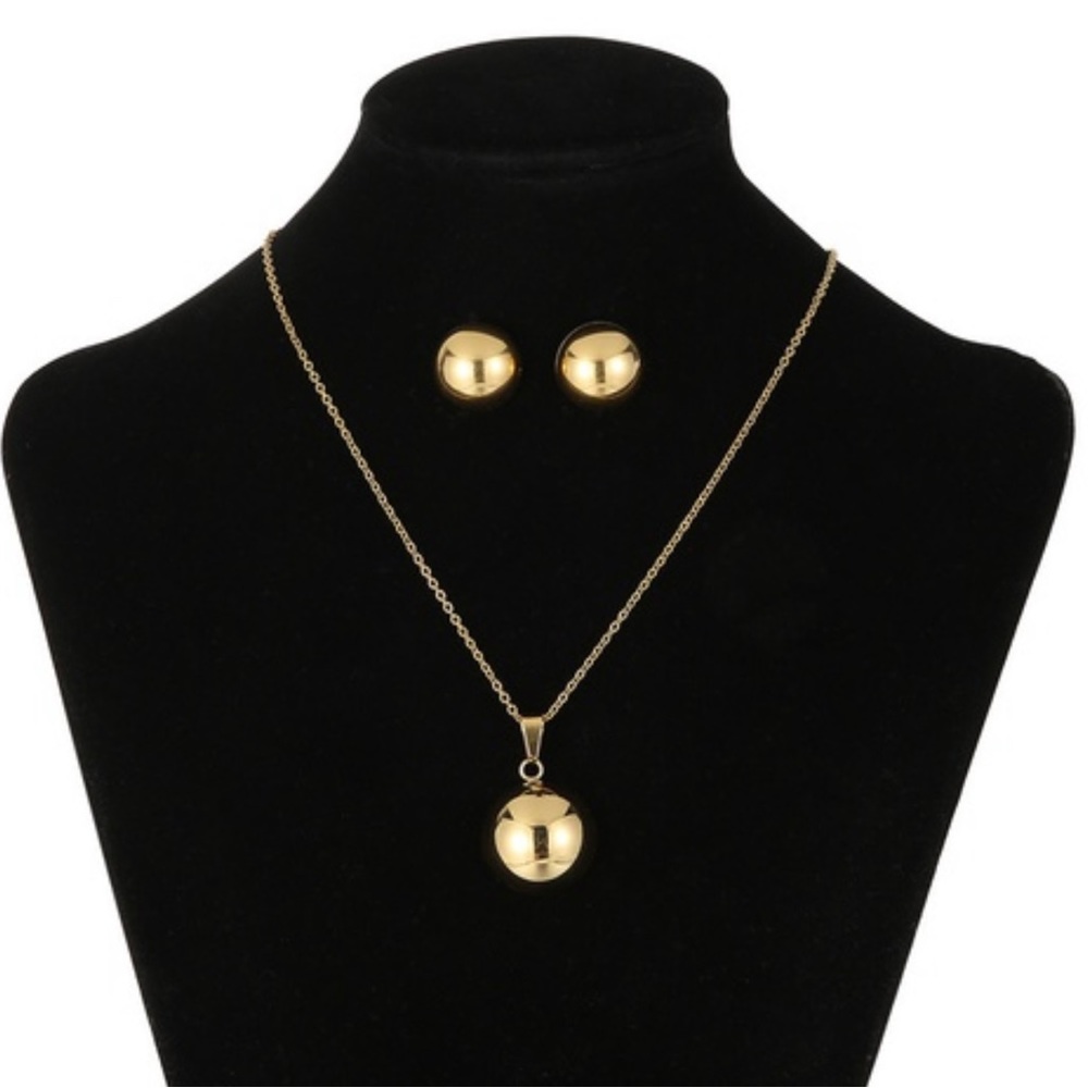 Simple trend stainless steel round bead necklace & earrings